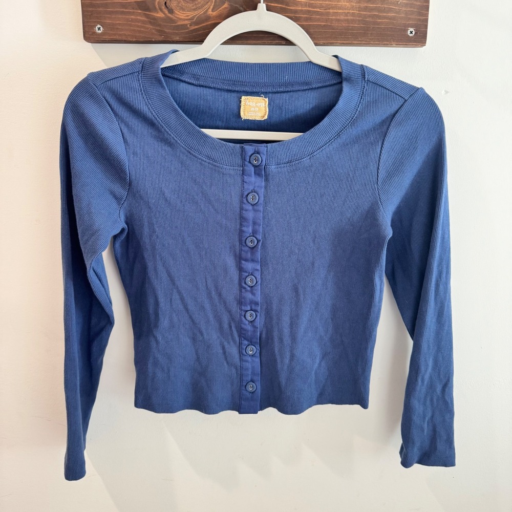 Free People Free-est Ribbed Button Front Cropped Cardigan Top Blue XS